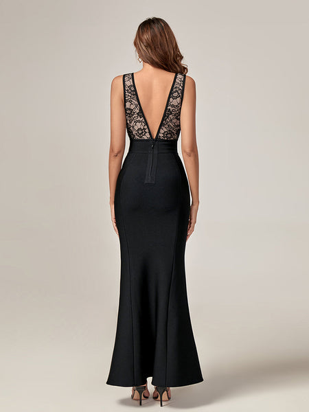 V Neck Lace & Bandage Maxi Dress