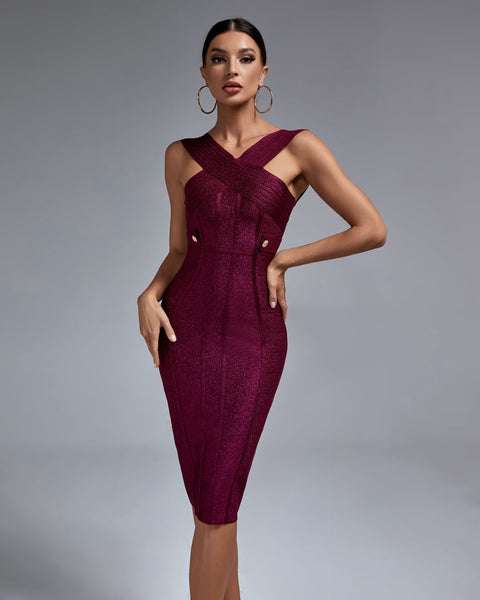 Chic Midi Bandage Dress with Stylish Metal Accent Buckle - Opulent Empire