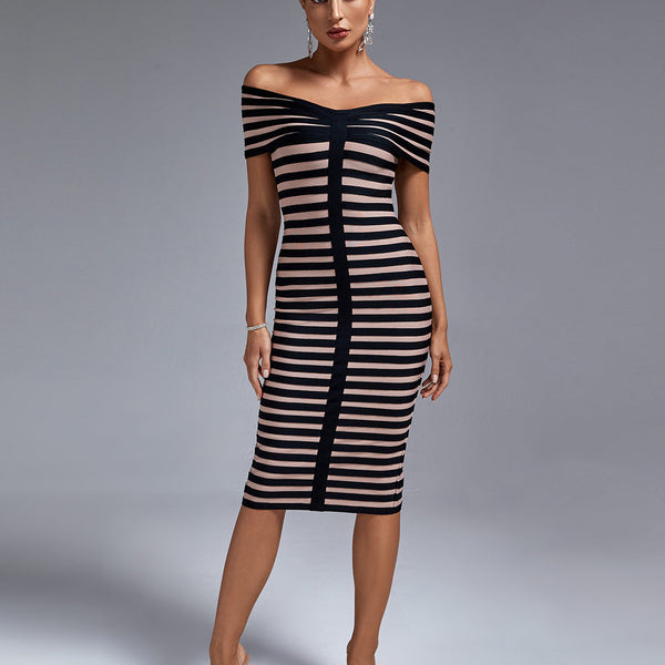 Black Stripe Off Shoulder Bandage Dress - Opulent Empire