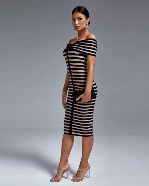 Black Stripe Off Shoulder Bandage Dress - Opulent Empire