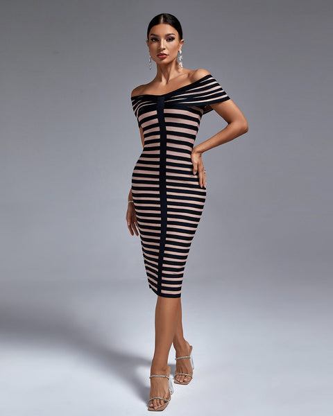 Black Stripe Off Shoulder Bandage Dress - Opulent Empire