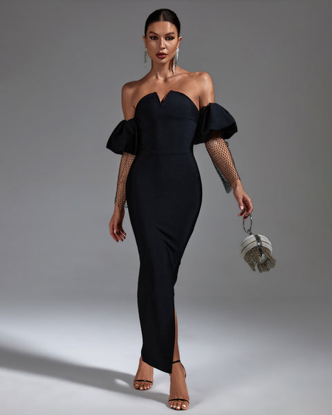 Black Puffed Sleeve Bandage Long Dress - Opulent Empire