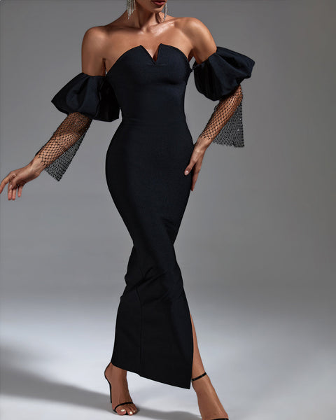 Black Puffed Sleeve Bandage Long Dress - Opulent Empire