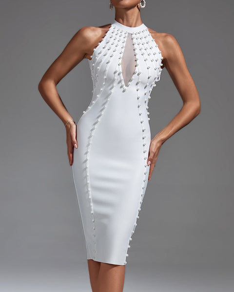 Pearl Embellished Midi Bandage Dress - Opulent Empire