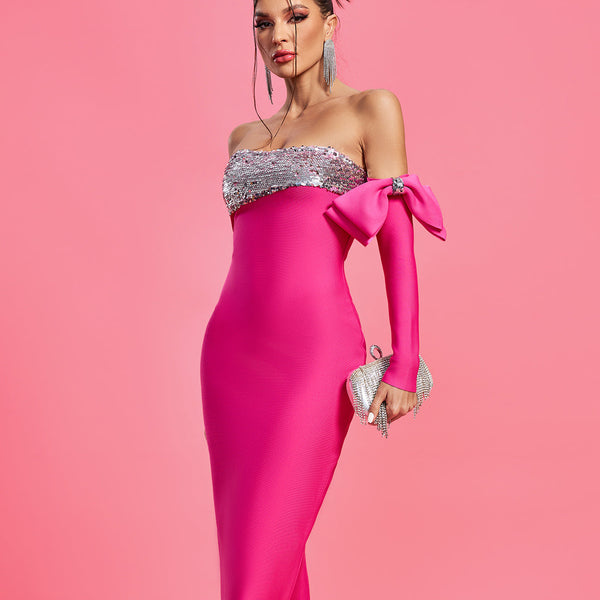 Strapless Sequins Elegant Bow Bandage Dress - Opulent Empire