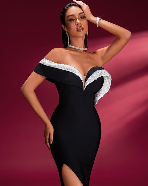 Off-Shoulder Bandage Dress with High Slit for an Elegant and Bold Style