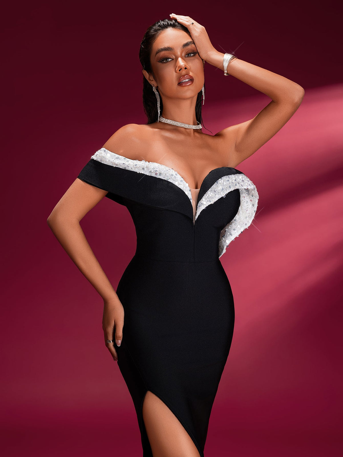 Off-Shoulder Bandage Dress with High Slit for an Elegant and Bold Style