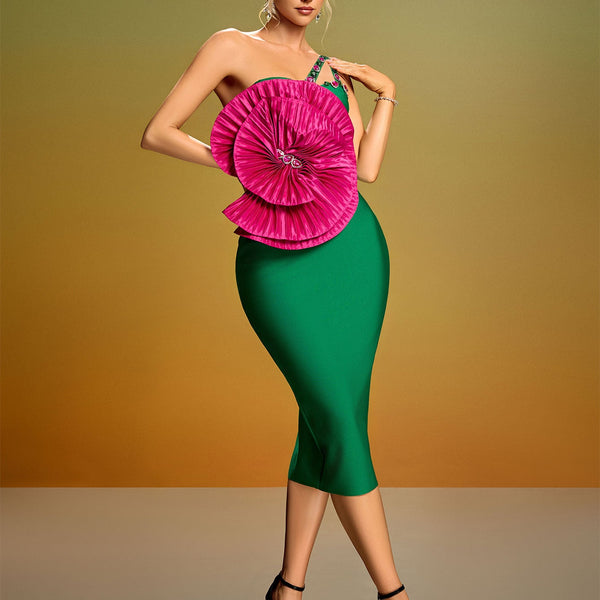 Pleated Flower Crystal Bandage Midi Dress