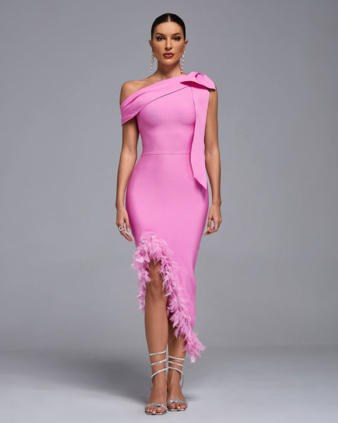 One Shoulder Feather Trim Bandage Dress - Opulent Empire