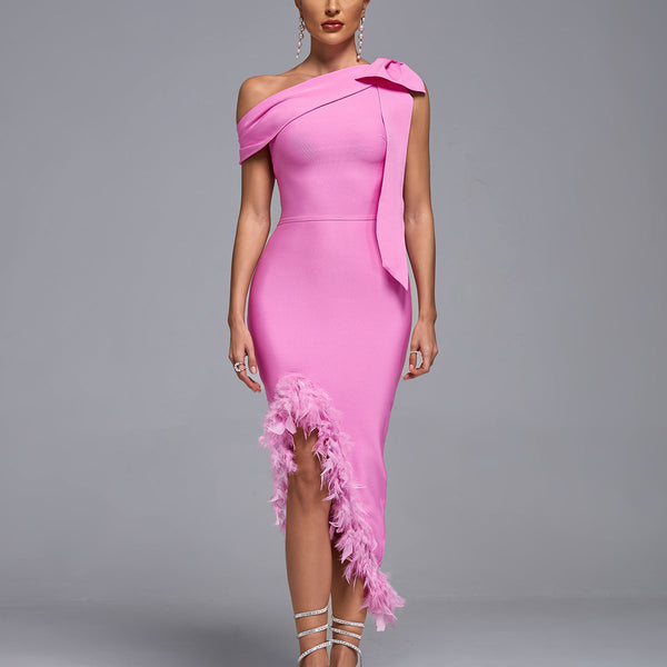 One Shoulder Feather Trim Bandage Dress - Opulent Empire
