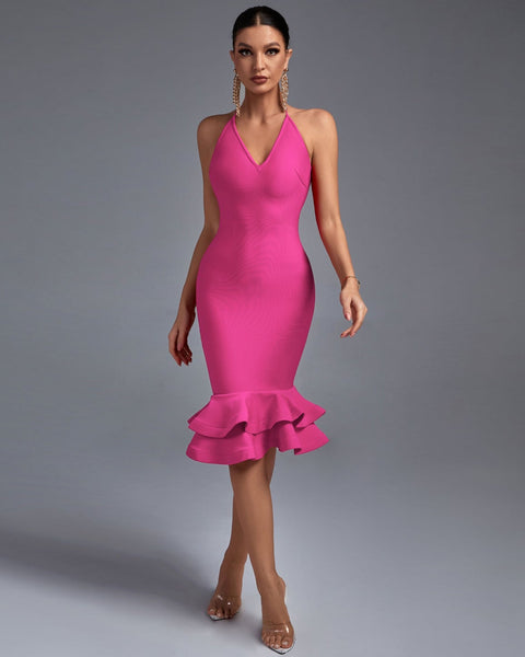 Halter Over Knee Fishtail Bandage Dress - Opulent Empire