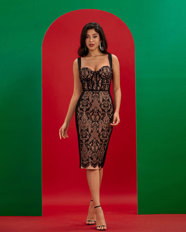 Black Lace Midi Bandage Dress