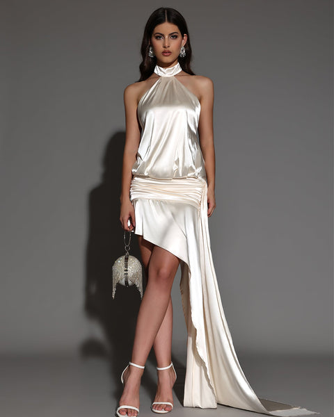 Open-back dress with asymmetrical side trains