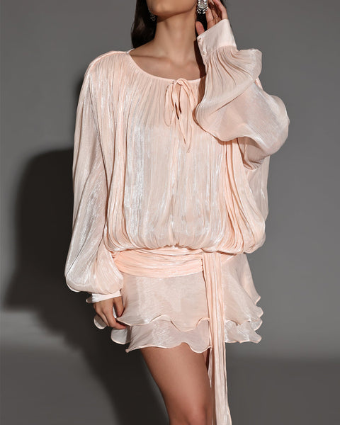 Mini Pleated Dress with Round Neck and Soft Skin Effect