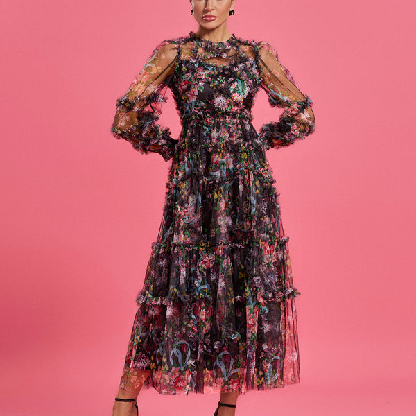 Bishop Sleeve Floral Tulle Ruffle Dress - Opulent Empire
