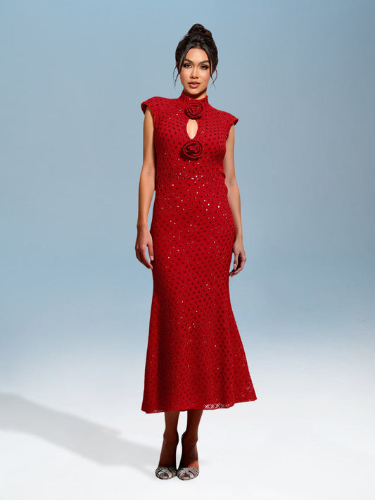 3D Floral Midi Dress with Rhinestones for an Elegant and Refined Look