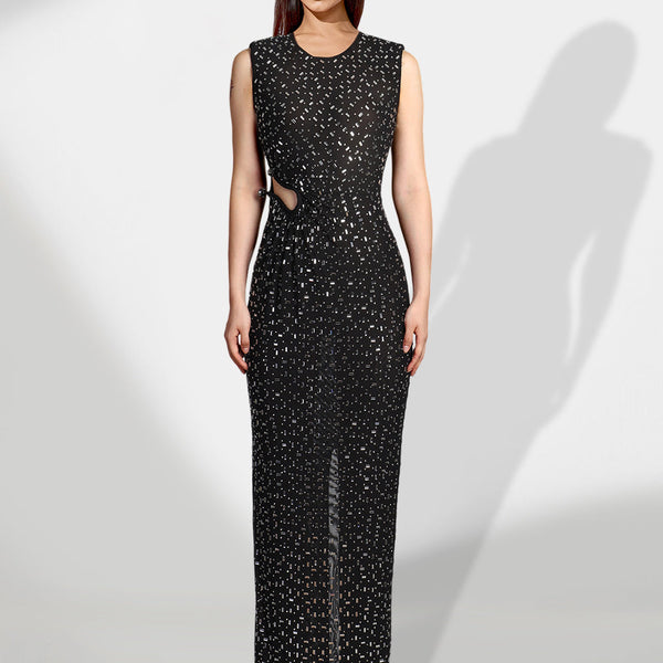 Glamorous Crystal-Accented Slit Maxi Dress for Elegant Occasions
