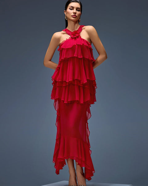Midi chiffon dress with bow, ruffles, and layered skirt