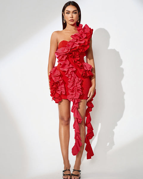 Asymmetric floral dress with elegant draping