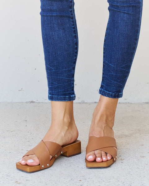 Weeboo Step Into Summer Criss Cross Wooden Clog Mule in Brown - Opulent Empire