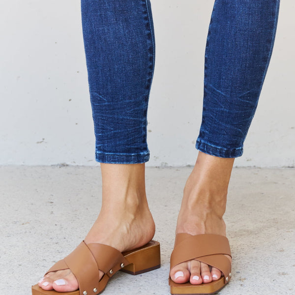 Weeboo Step Into Summer Criss Cross Wooden Clog Mule in Brown - Opulent Empire