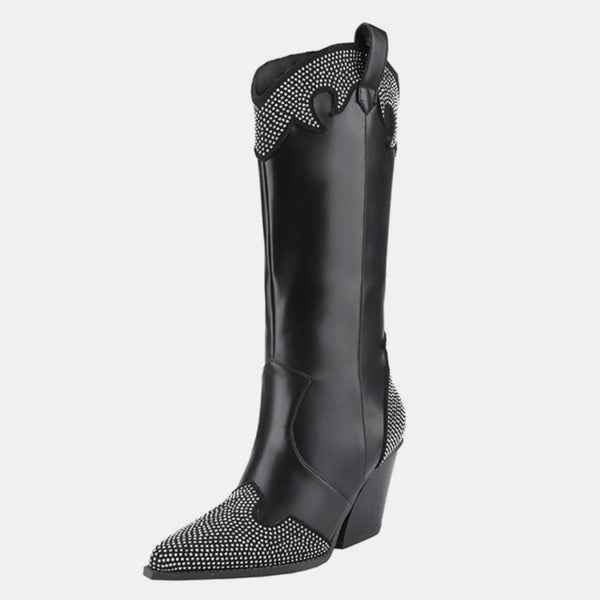 Weeboo Chunky Heel Rhinestone Decor Western Boots - Opulent Empire