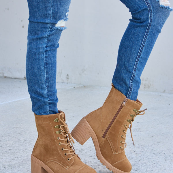 Forever Link Lace-Up Zipper Detail Block Heel Boots - Opulent Empire