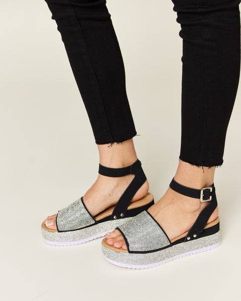 Forever Link Rhinestone Buckle Strappy Wedge Sandals - Opulent Empire