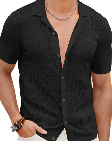 Men's Full Size Openwork Button Down Short Sleeve Shirt Plus Size - Opulent Empire
