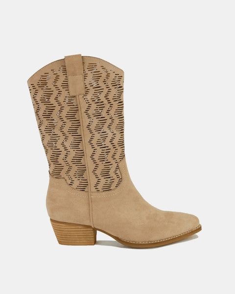 Beast Fashion Faux Suede Laser Cut Detail Block Heel Boots - Opulent Empire