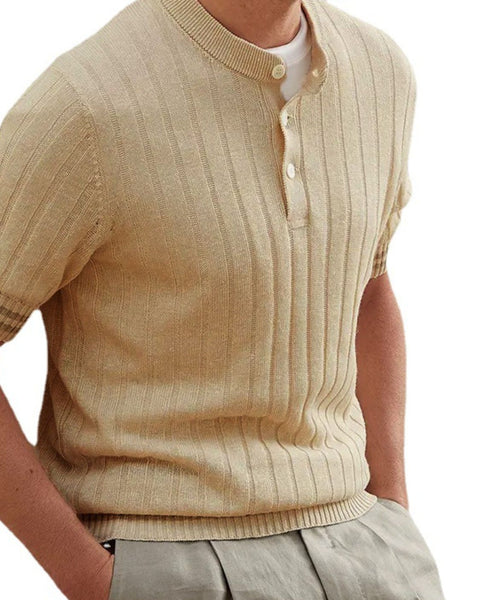 Men's Plus Size Ribbed Quarter Button Round Neck Striped Trim Polo - Opulent Empire