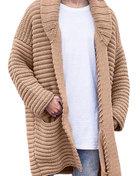 Men's Mid-Length Cardigan Lapel Long Sleeve Knitted Jacket