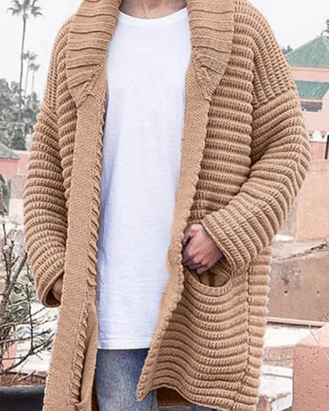 Men's Mid-Length Cardigan Lapel Long Sleeve Knitted Jacket