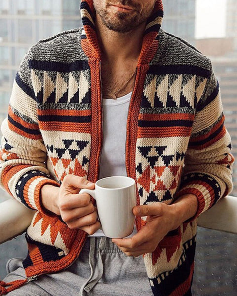 Men's Long Sleeve Lapel Outer Sweater Embroidered Stand Collar Zip Sweater