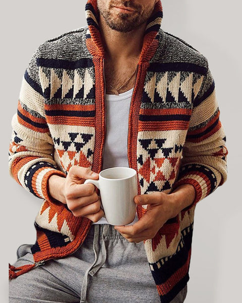 Men's Long Sleeve Lapel Outer Sweater Embroidered Stand Collar Zip Sweater