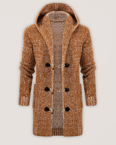 Men's Mid Length Hooded Knit Cardigan Horn Buckle Hooded Long Sweater