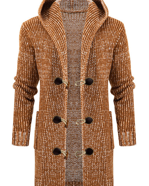 Men's Mid Length Hooded Knit Cardigan Horn Buckle Hooded Long Sweater