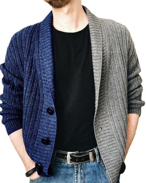 Men's Two Tone Patchwork Single Breasted Long Sleeve Sweater Cardigan
