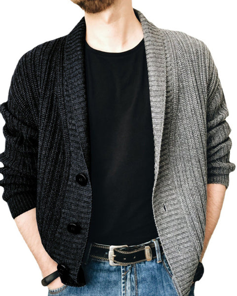 Men's Two Tone Patchwork Single Breasted Long Sleeve Sweater Cardigan