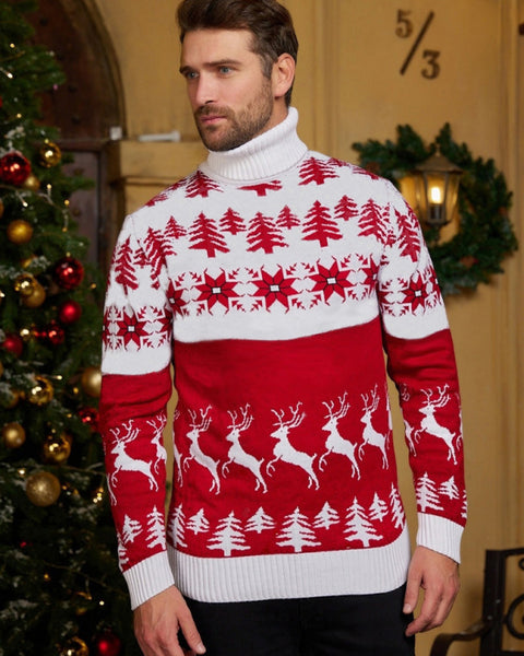 High Neck Christmas Theme Jacquard Couple Long Sleeve Sweater