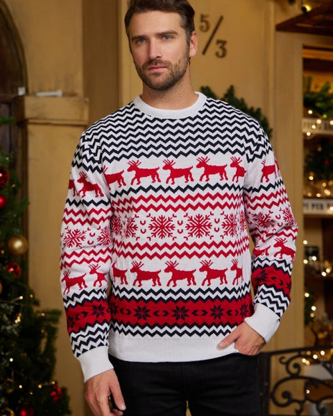 Men's Christmas Crew Neck Elk Jacquard Long Sleeve Sweater