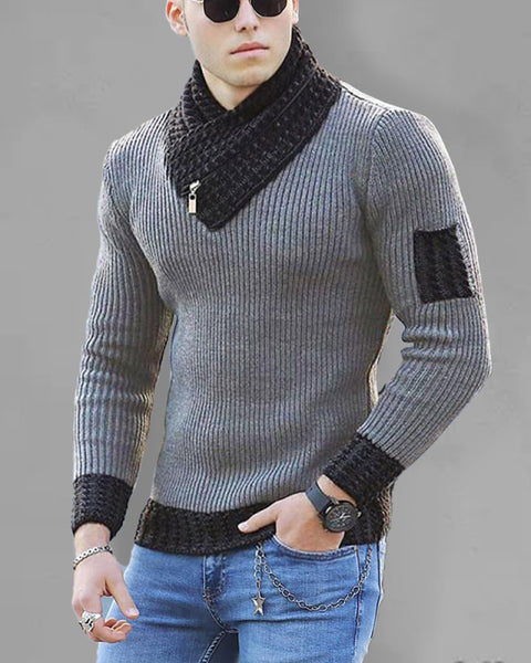 British Plus Size Men's Sweater Pullover Long Sleeve Scarf Turtleneck Men's Knitwear