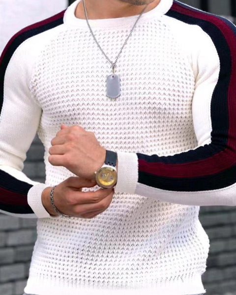 Round neck color contrast t-shirt men's casual loose bottoming sweater