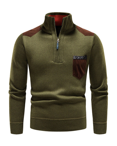 Men's stand-up collar thickened patchwork half-zip lapel sweater pullover sweater
