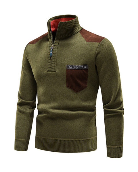 Men's stand-up collar thickened patchwork half-zip lapel sweater pullover sweater