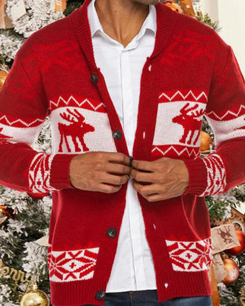 Men's Reindeer Pattern Knit Cardigan Sweater