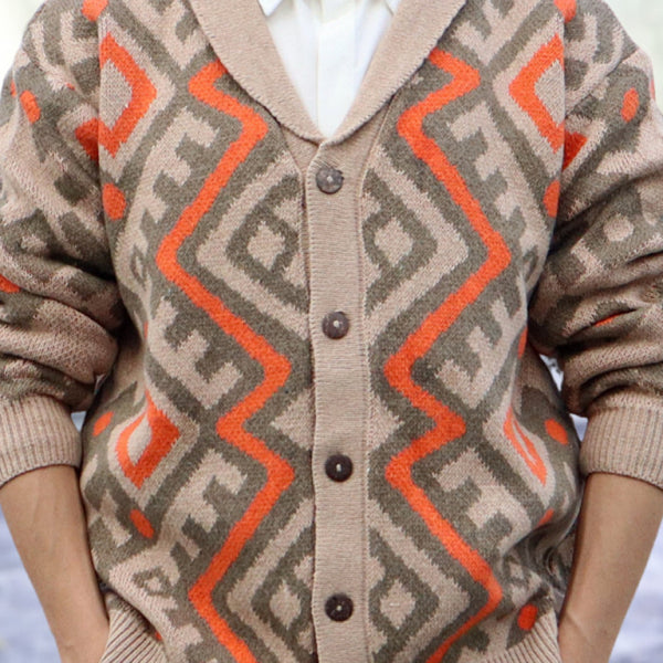 Men's retro heavy-duty jacquard cardigan sweater autumn and winter lapel long-sleeved knitted jacket