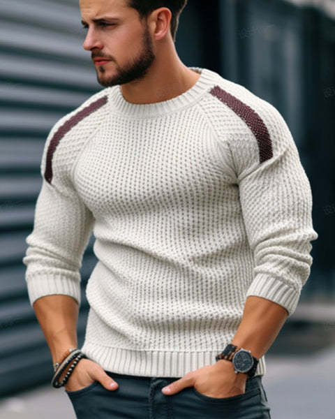 Men's Casual Fashion Shoulder Contrast Color Long Sleeve Knitted Sweater