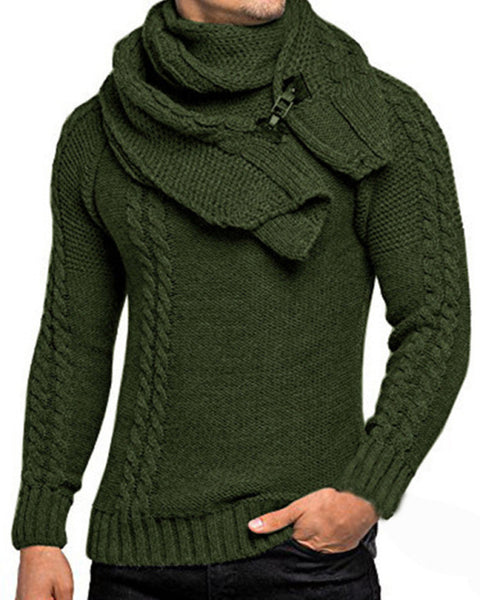 Men's fashionable scarf pullover solid color twist knitted sweater top