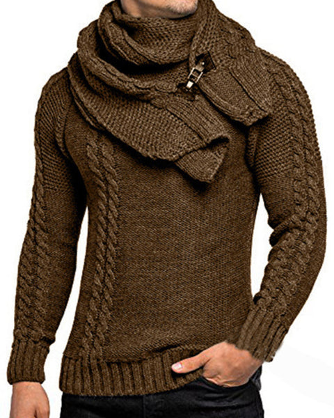 Men's fashionable scarf pullover solid color twist knitted sweater top